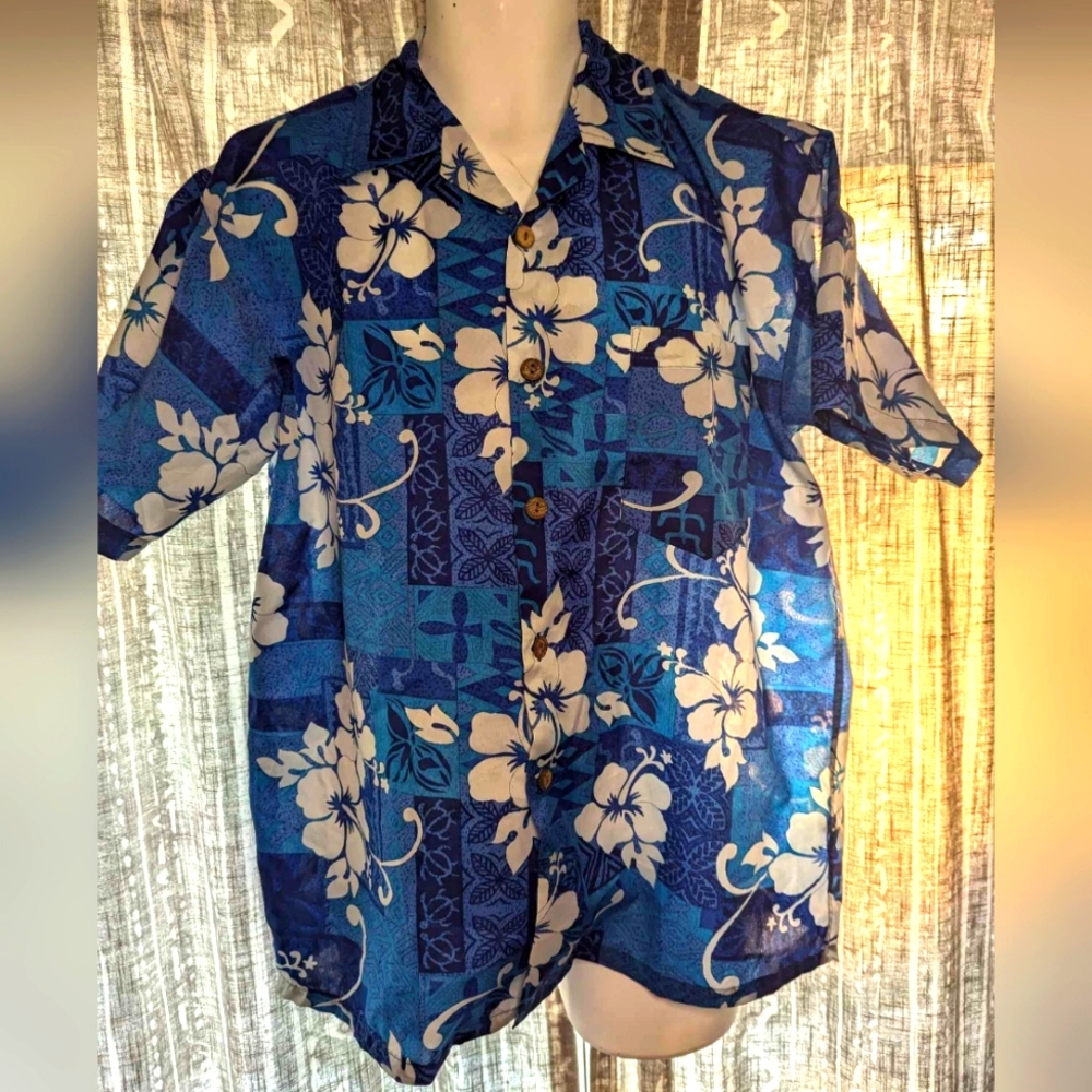 Hawaiian Shirt Blue Floral Men's Button Up Medium Short Sleeve With Pocket